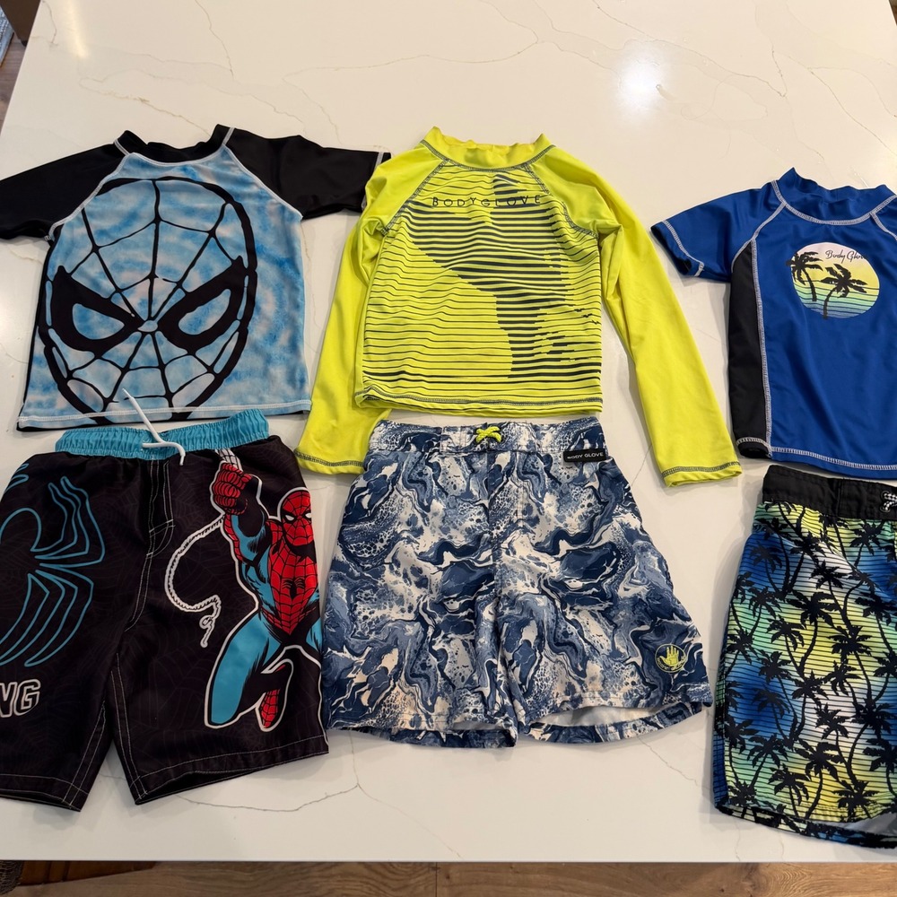 Body Glove Marvel Spider-Man Boys Swimwear Bundle Rash Guards Trunks Size 7 6pc